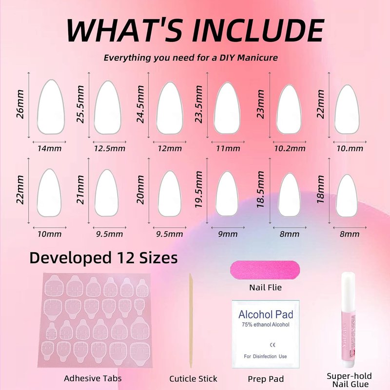 Press On Nails Set - 24 Pcs Almond & Square Fake Nails with Glue, Adhesive Tabs & File | Medium Size for Women, Girls & Kids