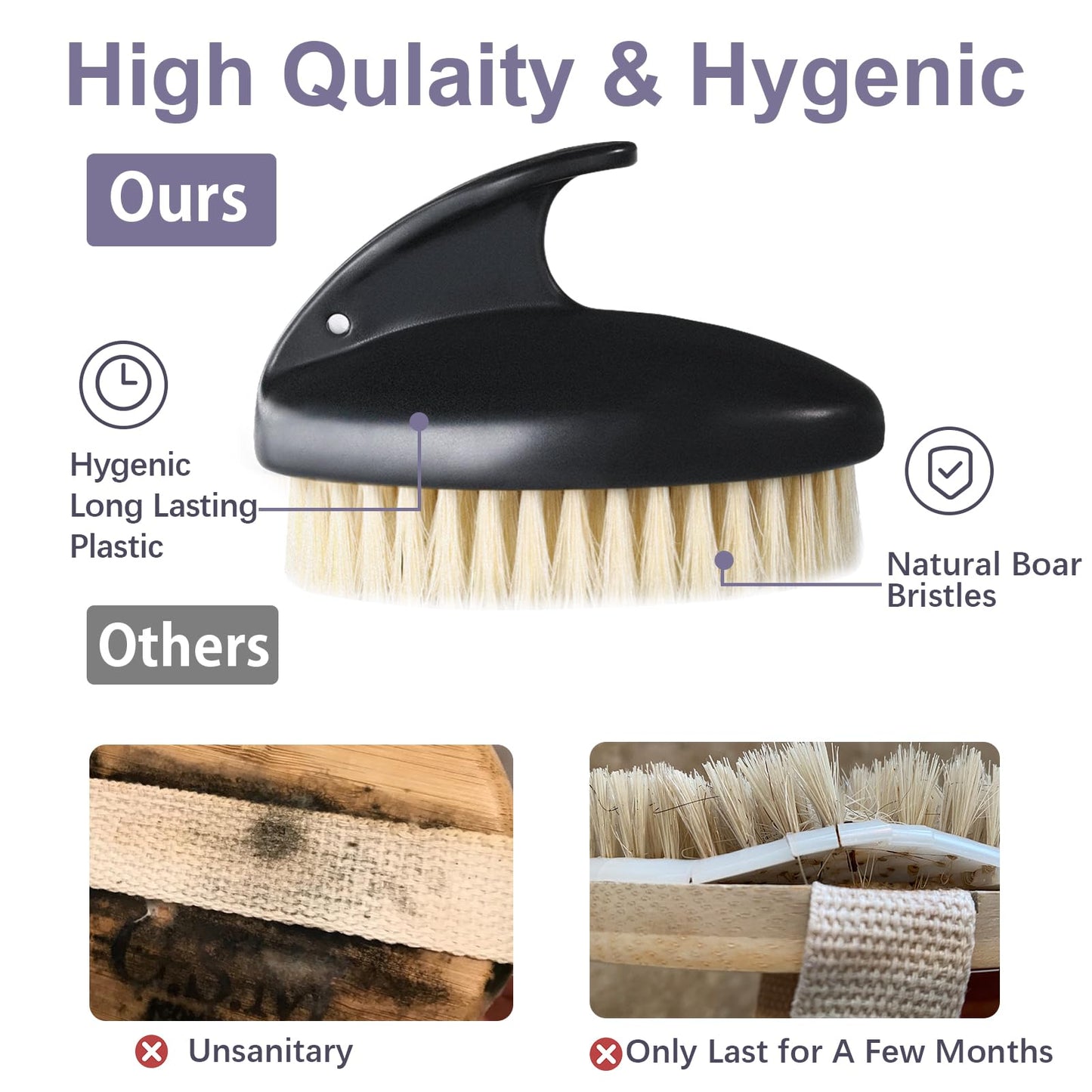 Dry Brushing Body Exfoliating Brush, Anti-Slip Body Scrubber for Shower, Natural Boar Bristles Bath Brush for Deep Cleansing & Softening Skin, Improve Circulation (Black-Boar Bristles)