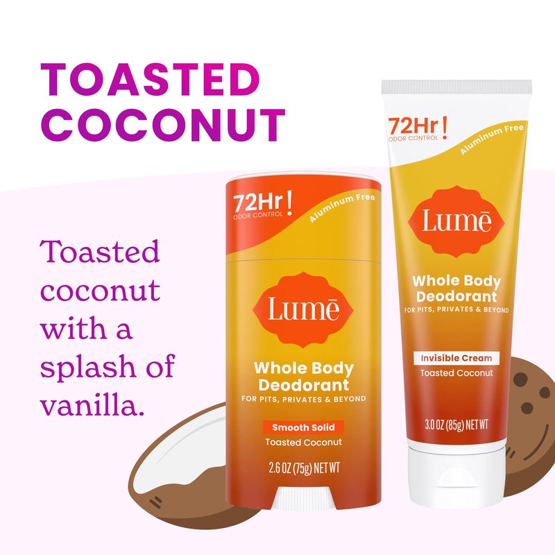Lume Whole Body Deodorant - Invisible Cream Tube and Solid Stick - 72 Hour Odor Control - Aluminum Free, Baking Soda Free, Skin Safe - 3.0 Ounce 2.6 Ounce Bundle (Toasted Coconut)