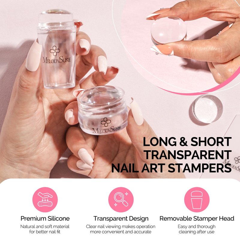 MelodySusie French Nail Stamper Kit, Silicone Stampers with Scrapers, 4PCS DIY Home Nail Design Salon, Clear