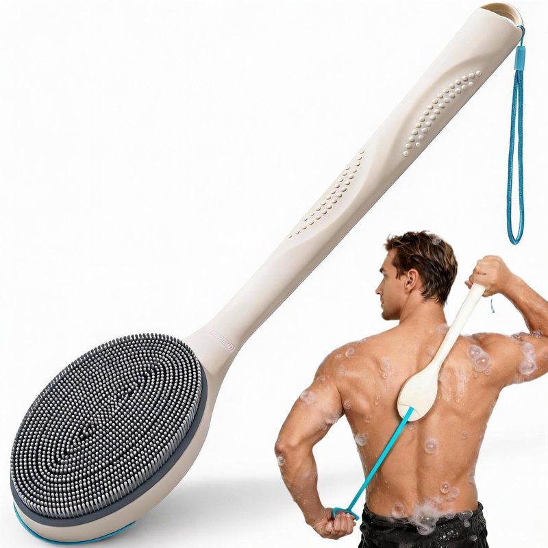 BUBBLEDANCE® Extendable Silicone Back Scrubber (17.5" to 32") – 2-Hand Grip for 4X Power, Curved Stiff Bristles, Non-Slip Long Handle Shower Brush for Deep Exfoliation - White (Stiff Bristles)