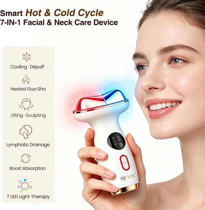 Gua Sha Facial Neck Massager - 7-in-1 LED Red Light Depuffer Tool for Contouring & Firming | Hot & Cold Electric Wand