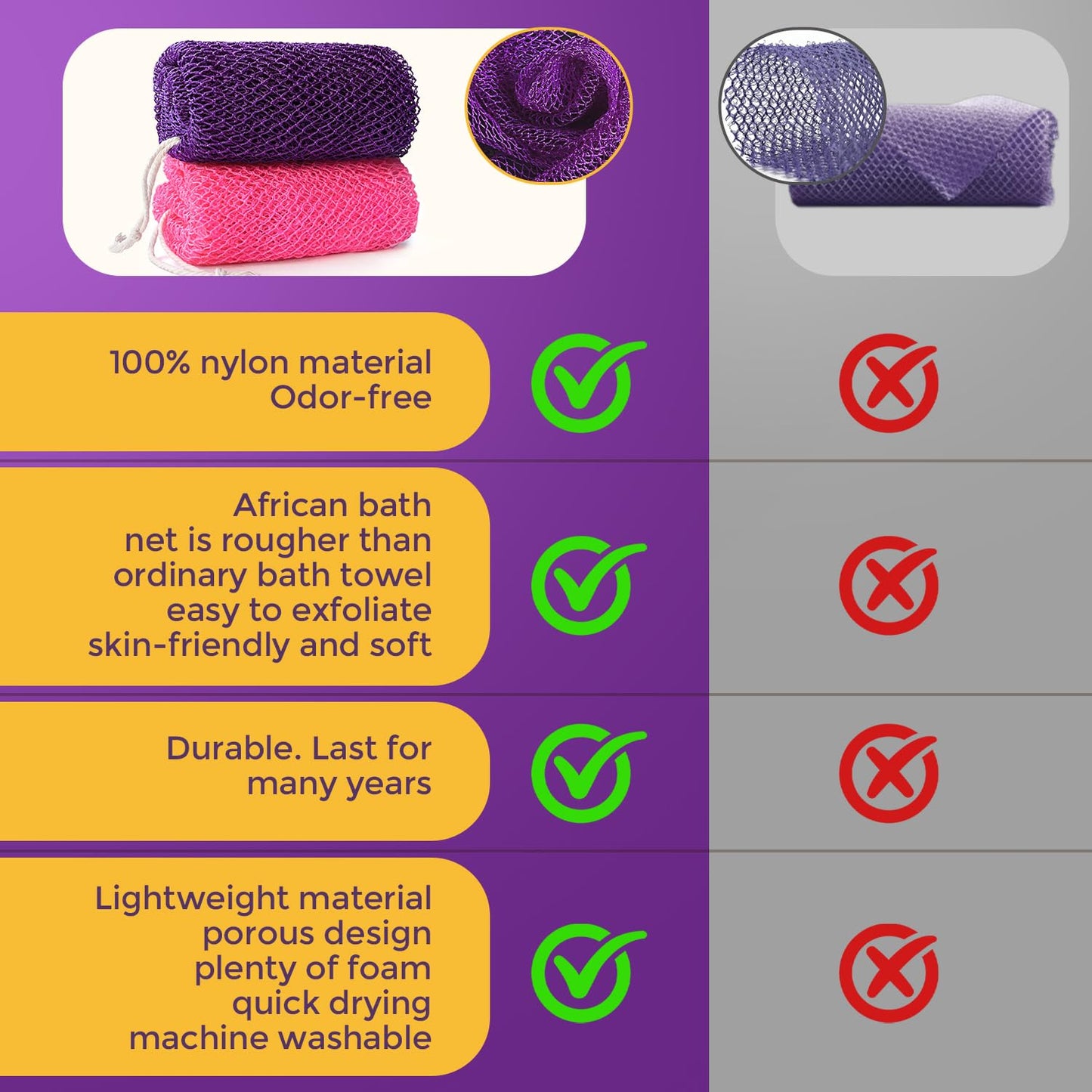 2 Pieces African Net Sponge Authentic, Durable Back Scrubber Washcloth for Shower, Exfoliating Net Sponge for All Skin, Bathing Accessories for Women (2 Pack (Pink and Purple))