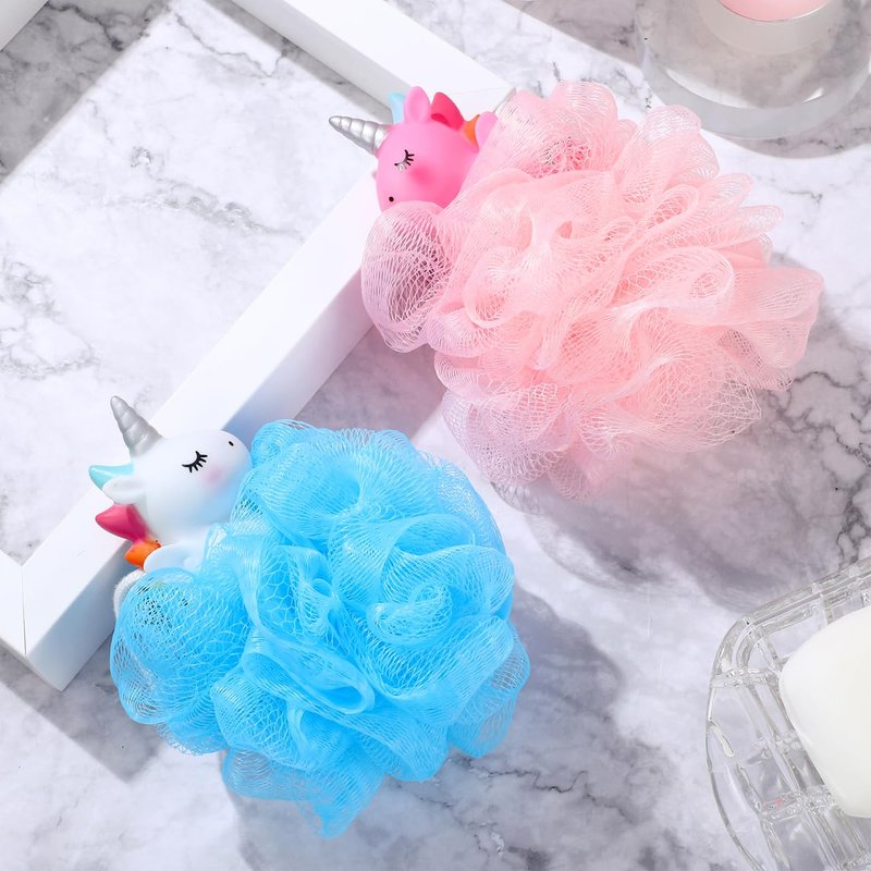 2pcs Kids Bath Loofah: Body Sponge - Unicorn Shower Pouf for Deep Cleaning Body Scrubber Exfoliator Wash Back Scrubber