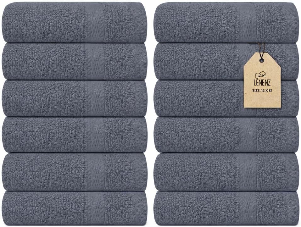 Soft Wash Cloths - Plush, Absorbent Cotton Face & Body Washcloths - 12 Pack, Quick-Dry 13x13'' (Dark Grey)