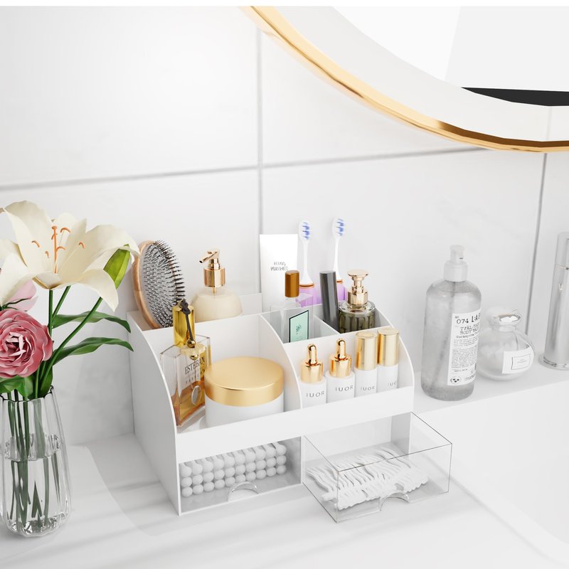 Makeup Organizer with Drawers, Cosmetic Storage for Dresser Vanity and Bathroom Countertop, Beauty Holder for Lipstick Brush, Skincare Organizer for Vanity, Cosmetic Display Case (White)