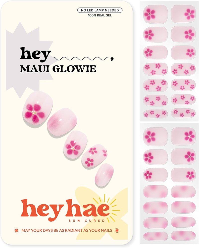 Heyhae Semi Cured Gel Nail Strips - Easy Apply Pink Floral Design | 28 Strips, Prep Pads & Nail File Included