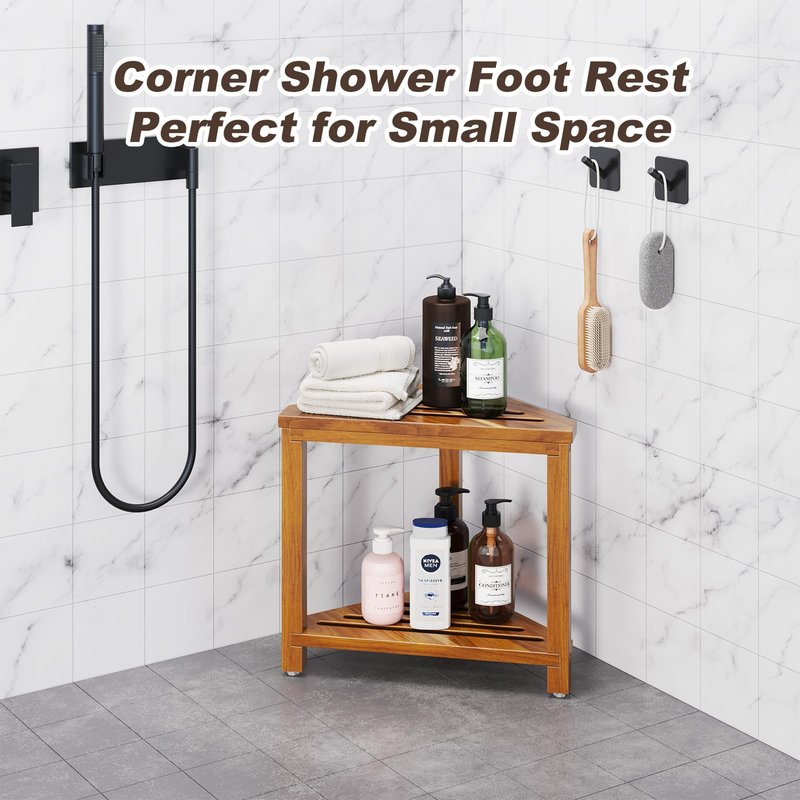 Kzeirm Corner Shower Stool for Inside Shower, 14" Shower Foot Rest Stool for Shaving Legs, Acacia Wood Corner Shower Shaving Step Stools, Waterproof Leg Shaver Foot Rest Bench Seat