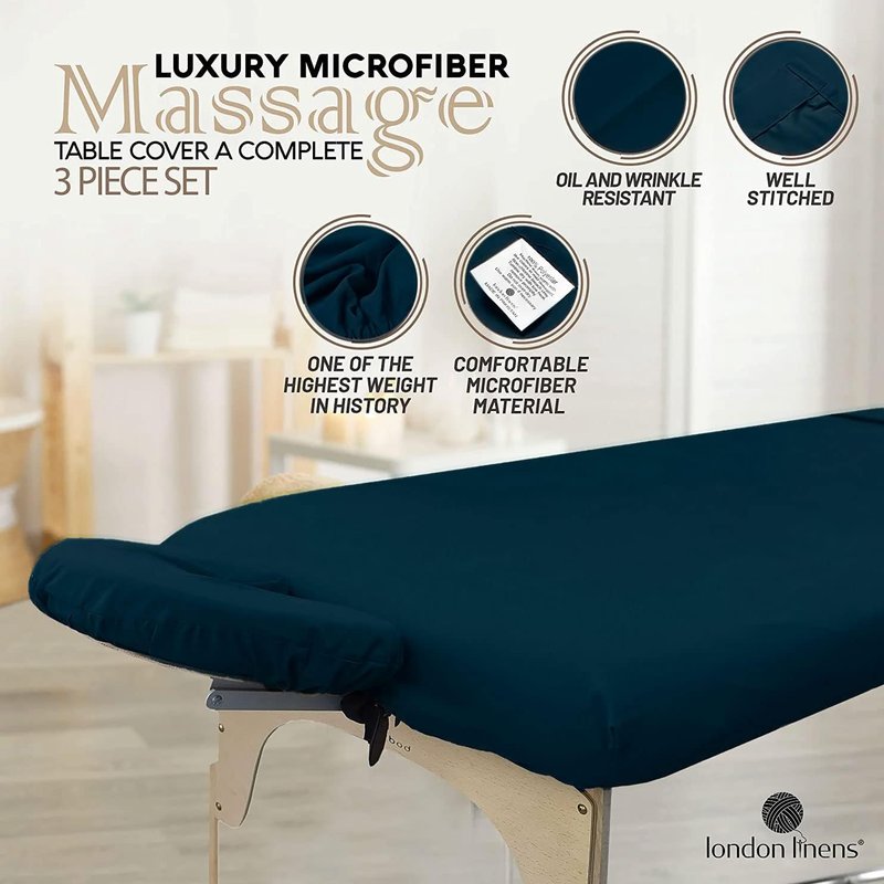 London Linens Soft Microfiber Massage Table Sheets Set - 3 Piece Navy Blue Cover, Fitted Sheet & Face Rest Cover