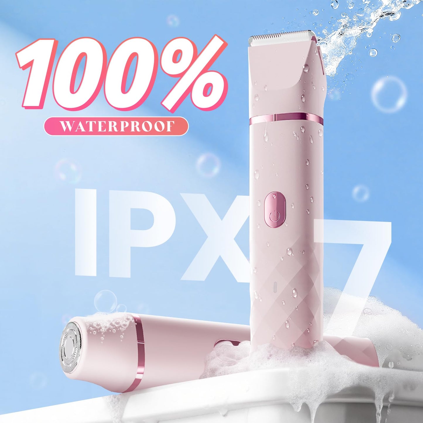 Bikini Trimmer for Women, IPX7 Waterproof, Painless Rechargeable Electric Razor Remover, 2-in-1 Facial & Pubic Hair Removal for Sensitive Skin, Portable Travel Size, Women’s Gift, Pink