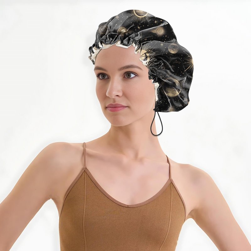 BHAHB Luxury Shower Cap Satin Lined Reusable Waterproof Double Layer Elastic Adjustable Hair Bath Cap Cute Aesthetic Women Girls-Moon