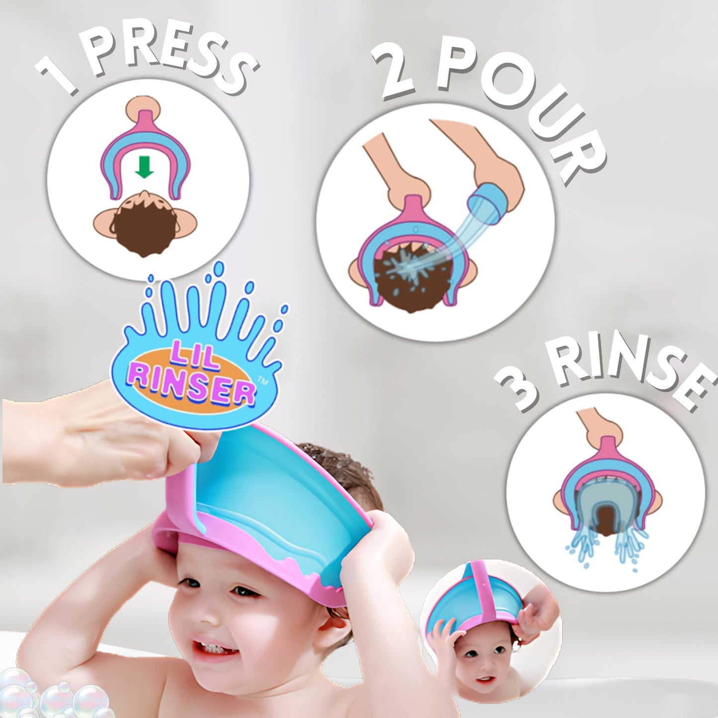 LIL RINSER Shampoo Visor by Splash Guard, Comfort Seal Baby Bath Shampoo Shower Cap, Gentle Rinse and Shield Bath Hat for Toddlers and Babies, Protects Eyes, Ears, and Face