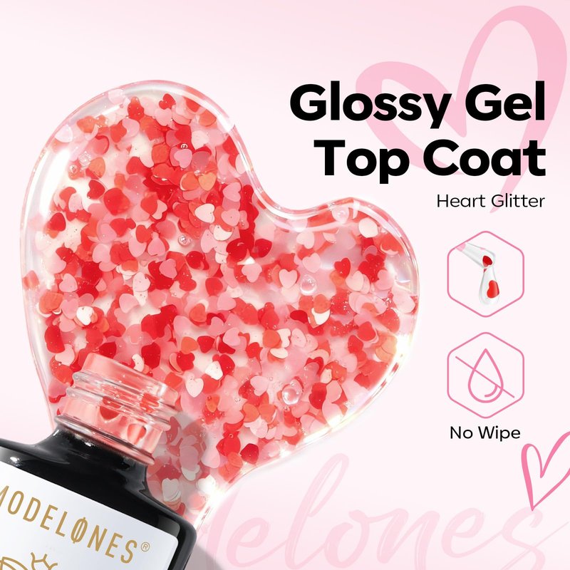 modelones Heart Glitter Gel Top Coat, 15 ML 2 in One No Wipe Clear Gel Nail Polish Red Pink Color Reflective Hearts Sequins Glossy Shine Long Lasting Soak Off Manicure Gift for Women