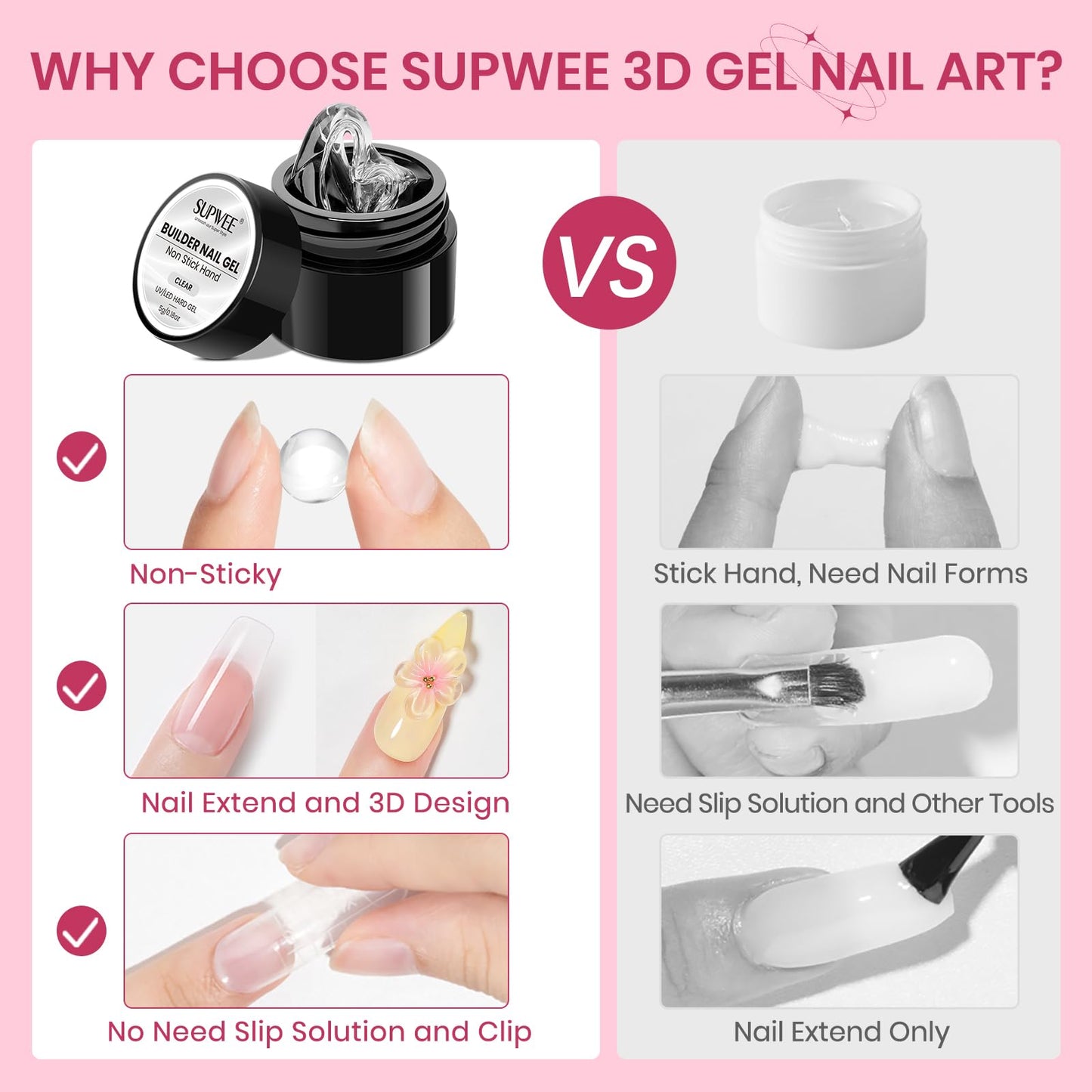 SUPWEE 3D Sculpting Gel for Nail Art, Clear and White Non Stick Hand Hard Gel for Nails Home Manicure, Nail Salon, Nail Charms, Extension, Carving, Molding, Solid Builder Gels