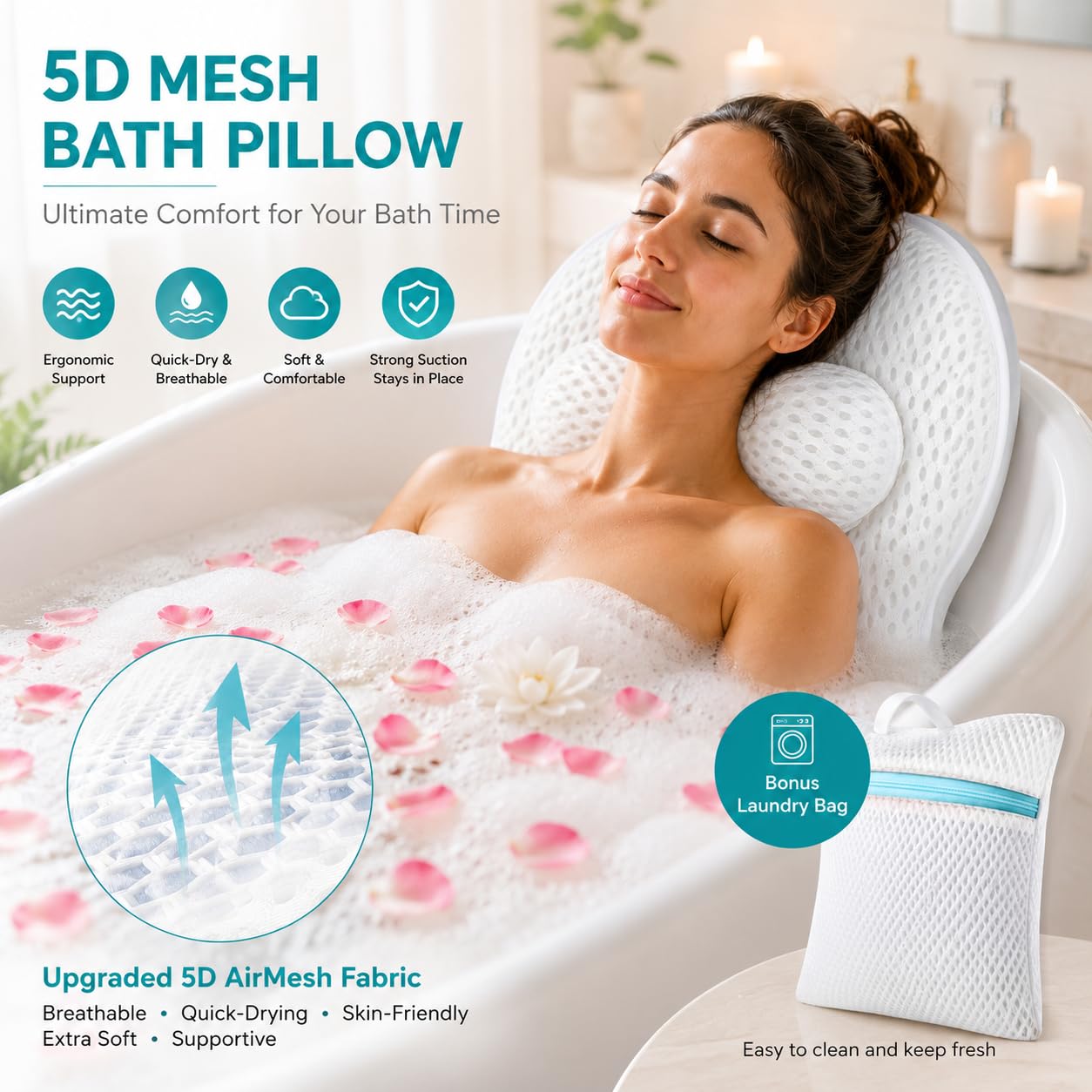 SQLHM Bath Pillows for Tub, Luxury Bath Pillow for Neck and Back Support - with Comfortable Breathable Cotton 6 Non-Slip Suction Cup Bathtub Accessories - Spa Bath Mat Gifts for Women (White)