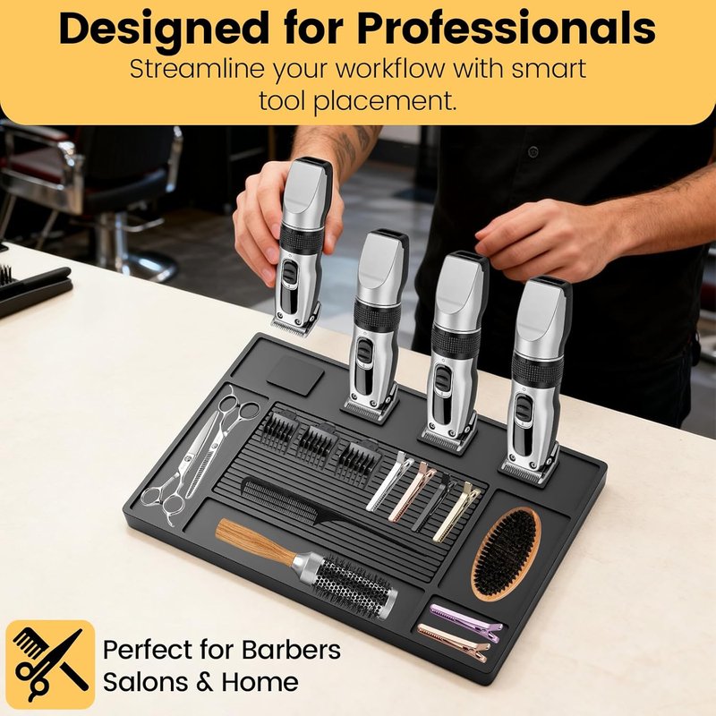Magnetic Barber Mat - Professional 4-Slot Tool Organizer with Strong Magnet & Non-Slip Silicone