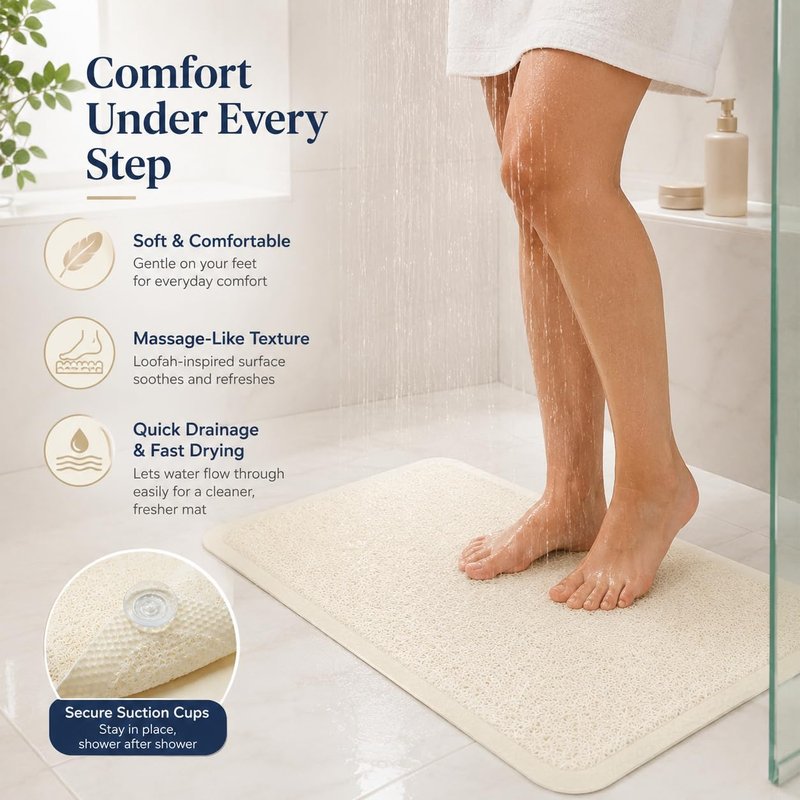 Huji Loofah Shower Mat - Non-Slip Bath Mat 10 Super Suction Cups for Bathroom - Great for The Elderly and Children