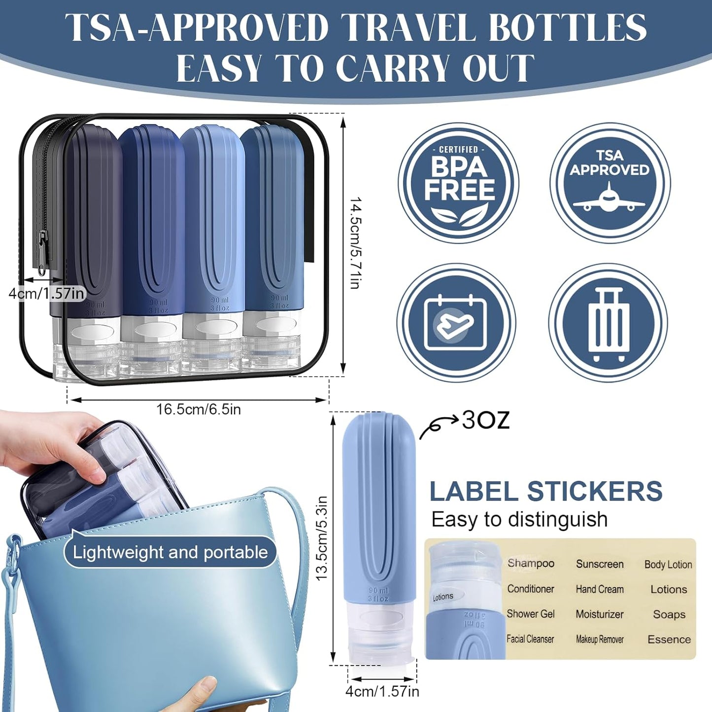 Skiennix Travel Bottles - 3oz TSA Approved Silicone Leak-Proof Containers | Blue Refillable Essentials