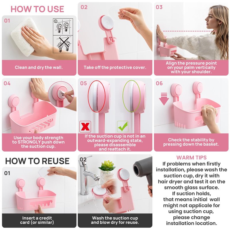 LEVERLOC Shower Caddy Suction Cup Set Shower Organizer & Soap Holder & Toothbrush Holder, Bathroom Shelf Basket NO-Drilling, Removable Suction Storage Waterproof Bathroom Caddy, Pink
