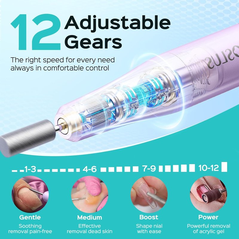 COSLUS C50 Cordless Electric Nail Drill - 12-Speed Professional Nail File with LED Display for Gel Removal & Nail Art | Portable Purple Design