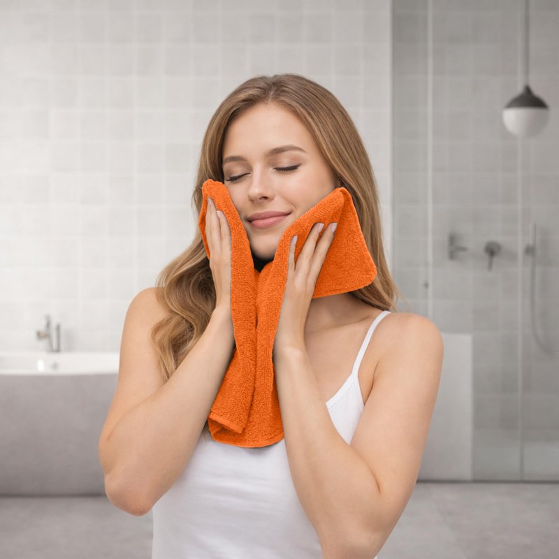 RIVERSIDE 12-Pack Premium 100% Cotton Orange Face Towels for Bathroom [12x12] - Reusable Luxury Face Wash Cloths for Showering - 550 GSM Super Soft & Absorbent Washcloths for Body, Spa & Gym