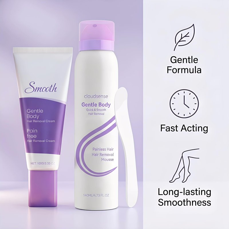 Hair Removal Cream & Mousse Combo Set – Fast-Acting Gentle Depilatory for Women & Men, Includes 100g Tube + 140ml Foam with Scraper, Smooth Spray