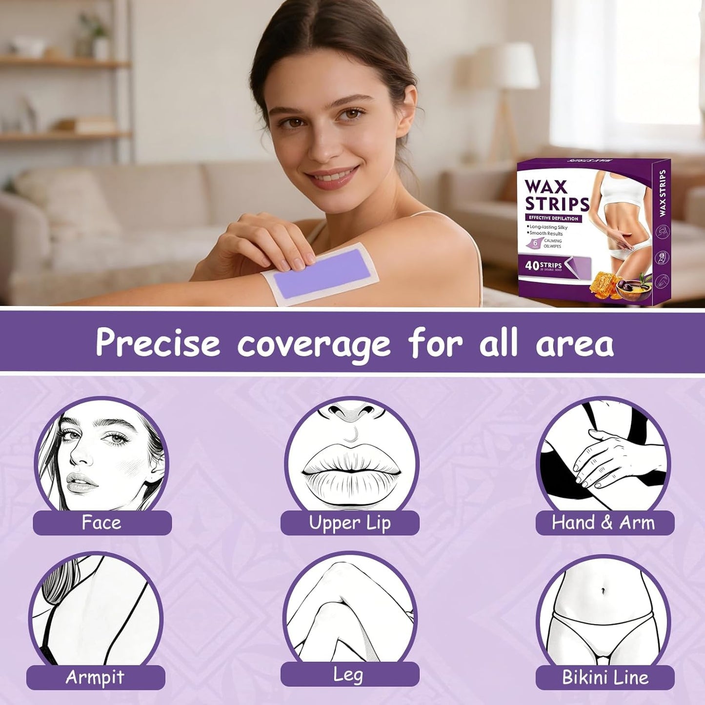 Wax Strips for Hair Removal,Waxing Strips for Women Sensitive All Skin,40 Face Wax Strips with 6 Soothing Wipes,Wax Strips for Face,Lips,Body,Chest,Legs,Bikini Line,Arms,Purple