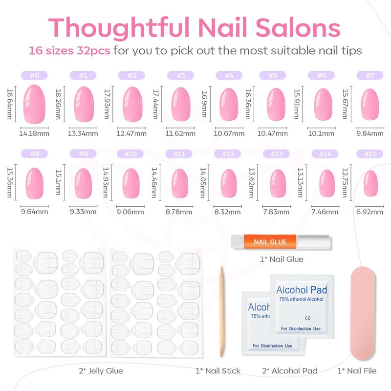 modelones Short Press on Nails, Oval Fake Nails Kit Press Ons with Nail Glue, Adhesive Tabs, Nail File, Prep Pad, Manicure Stick, Pink, 32Pcs 16 Sizes, Spring Women Girl Gift