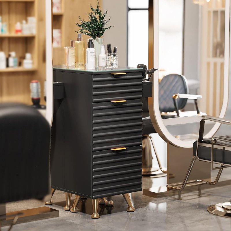 Regine Switzerland Professional Salon Station - Tempered Glass Top, 3 Drawers & Heat Resistant Tool Holders | Black