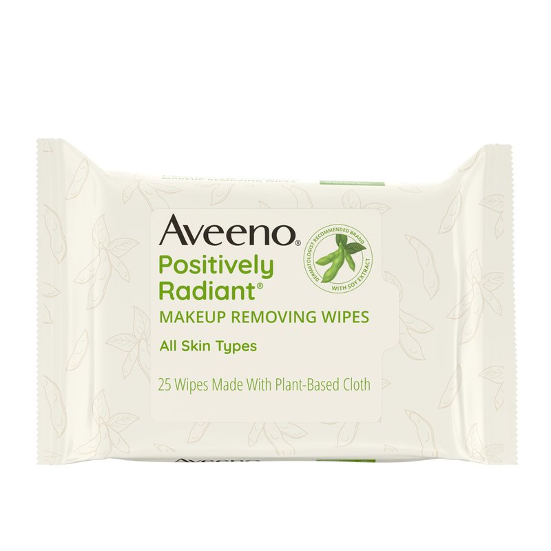 Aveeno Positively Radiant Alcohol-Free Makeup Removing Face Wipes, Ultra Soft, Gentle, Non-Comedogenic Facial Cleansing Wipes Leave Skin Feeling Clean & Soft, Sulfate Free, 25 ct
