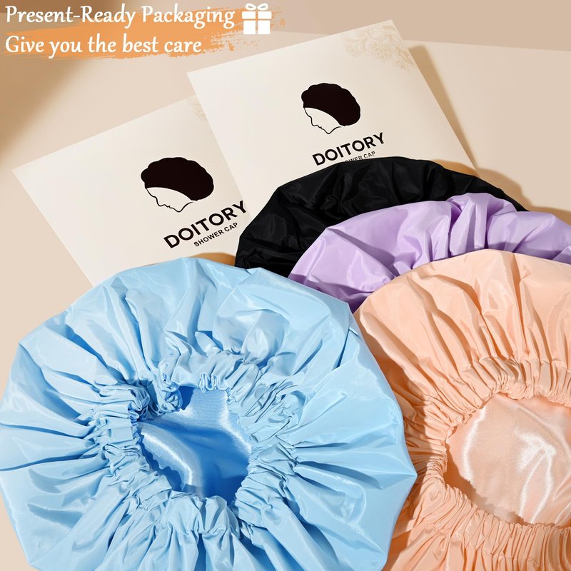 Doitory Shower Cap for Women, Reusable Waterproof Shower Cap Satin Lined with Soft Elastic Band, Large Washable Bath Caps(Black)