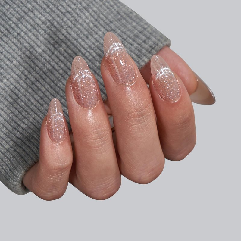 BTArtbox Almond Press On Nails Medium - Lamp-Curable Cat Eye Press On Nails with Glue for Women, Semi-Transparent Soft Gel Glue On Nails in 15 Sizes - 30 Stick On Nails Kit, Sunlit Shimmer