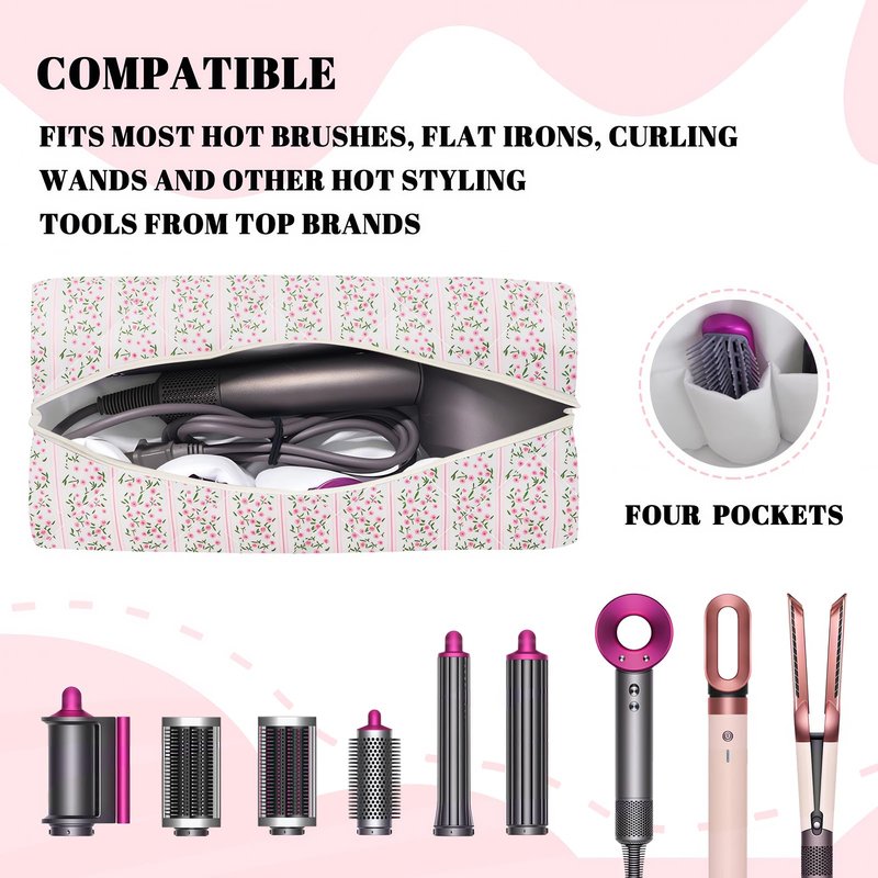 Hair Tools Travel Carrying Bag, Cute Quilted Floral Hair Tools Travel Bag for Shark Flexstyle Carrying Case Portable Shark Air Wrap Dryer Case Flat Curling Iron Organizer for Women (Pink)
