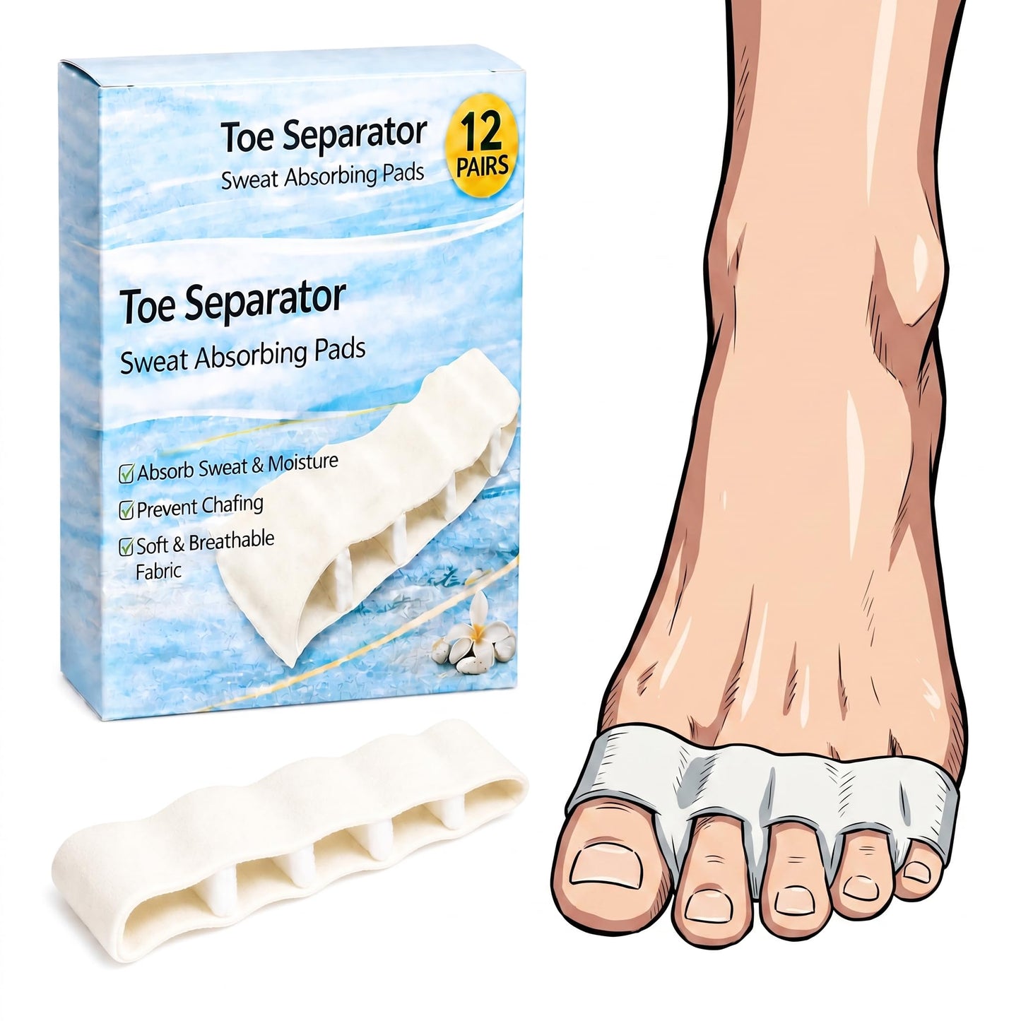Toe Separator Pads for Sweaty Feet, 12 Pairs Sweat-Absorbing Toe Spacers, Soft Anti-Friction Toe Cushions for Running, Walking & Daily Wear Reduces Friction & Odor, Women & Men