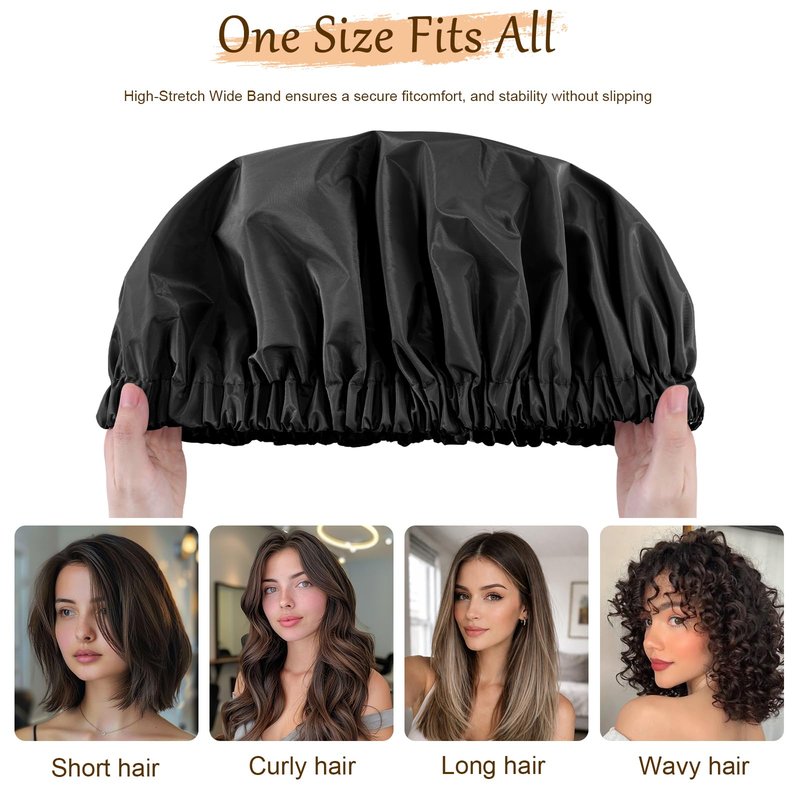 Doitory Shower Cap for Women, Reusable Waterproof Shower Cap Satin Lined with Soft Elastic Band, Large Washable Bath Caps(Black)