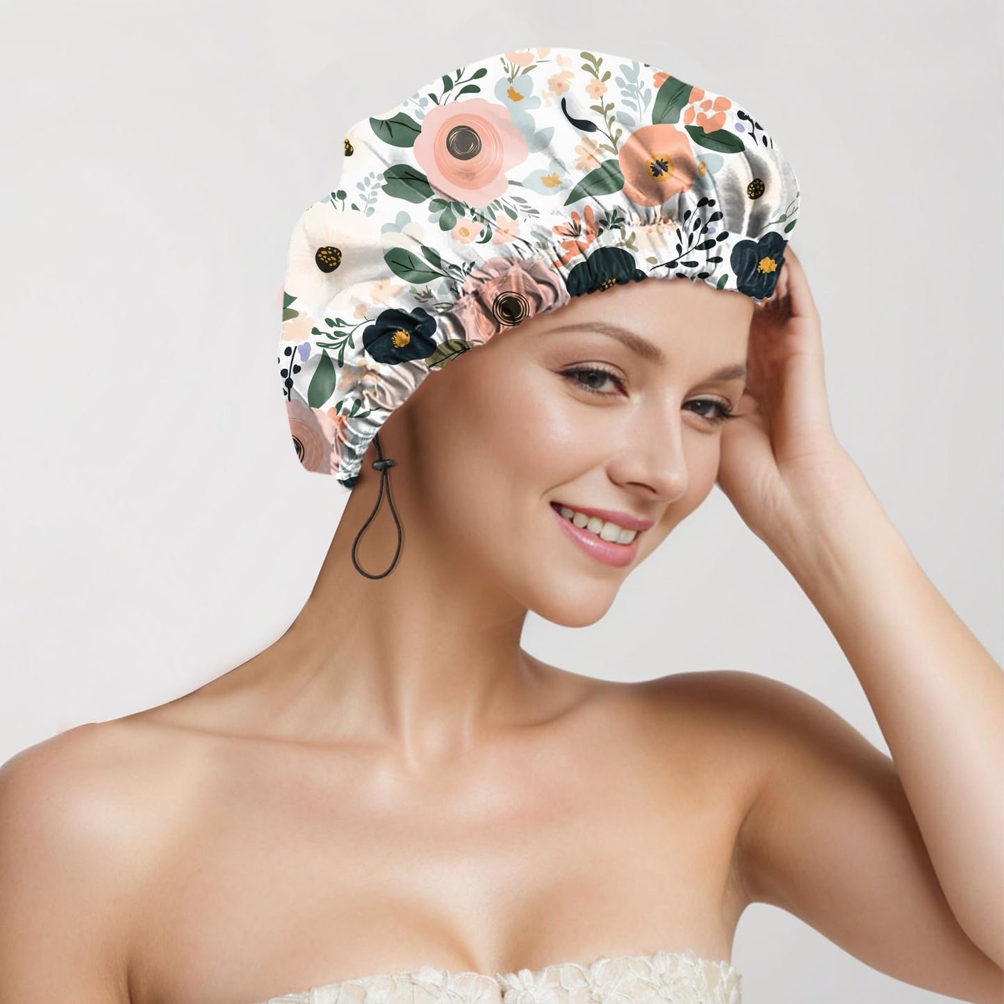 Deokke 2 PCS Shower Cap Reusable Waterproof Adjustable Double Layer Elastic Dry Hair Bathing Caps Aesthetic Cute for Women Girls-Pink Flower
