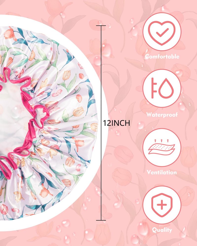 Aquior Shower Cap for Women, Waterproof Reusable Hair Cap with Soft Elastic, Large Size for Long Hair, Cute Bath Cap for Shower, Skincare, Cooking, Spa and Travel Use