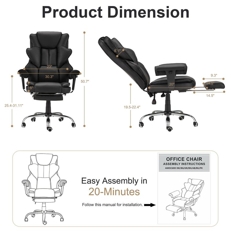 Ergonomic Office Chair with Heated Massage Function, Executive Computer Desk Chair, Adjustable Massage Seating (Black)