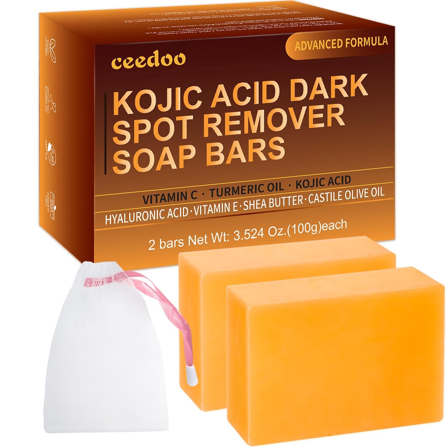 ceedoo Kojic Acid Soap for Dark Spot Remover Bars with Turmeric, Vitamin C, Retinol, Collagen with Hyaluronic Acid, Vitamin E, Shea Butter, Castile Olive Oil - 3.52 OZ x 2 Bars with Bag