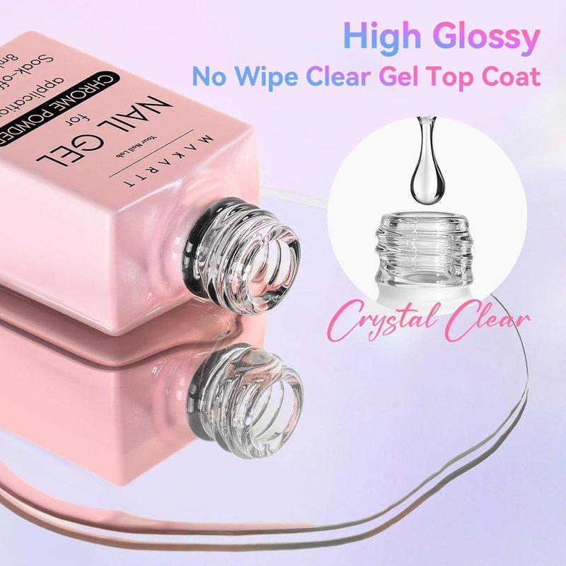 Makartt No Wipe Gel Top Coat - Clear High Gloss Finish for Chrome Nails | 8ml Pink Bottle