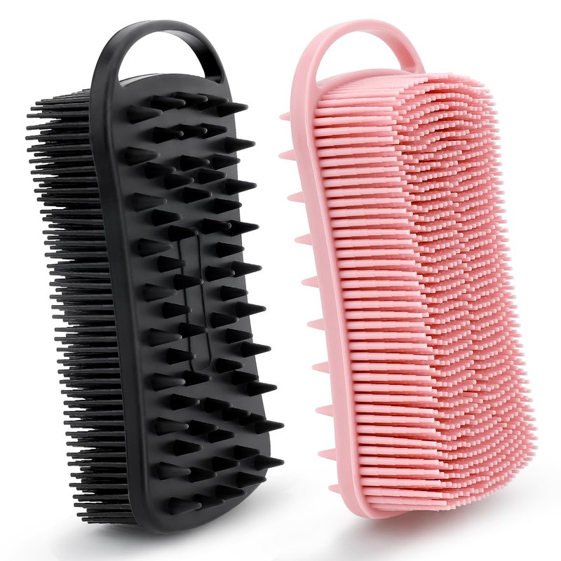 Silicone Body Scrubber, 2 in 1 Soft Silicone Loofah 2 Pack Exfoliating Body Scrubber Loofah for Women Men, Body Scrubber Shower Bath Shampoo Brush with Loop for Sensitive Skin Lather Well, Black &Pink