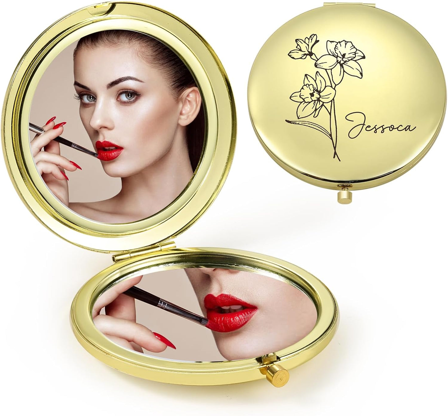 Skiennix Personalized Compact Mirror - Custom Birthflower Travel Makeup Mirror for Women | Gold