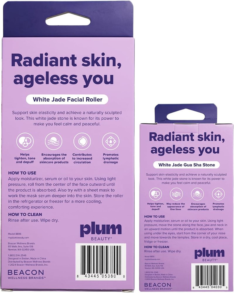 Plum Beauty Gua Sha Stone & Facial Roller - White Jade Face Massager Set for Lymphatic Drainage & Tension Relief