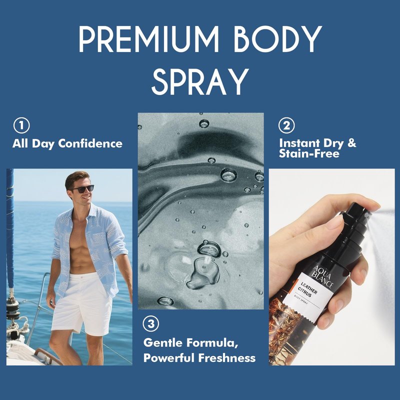 AQUA BLANCE Body Spray for Men, Mens Body Refreshing Spray, Long Lasting, Pack of 3, Each 3.4 Fl Oz, Total 10.2 Fl Oz, Ironwood Spice, Sailor' s Essence, Leather Citrus