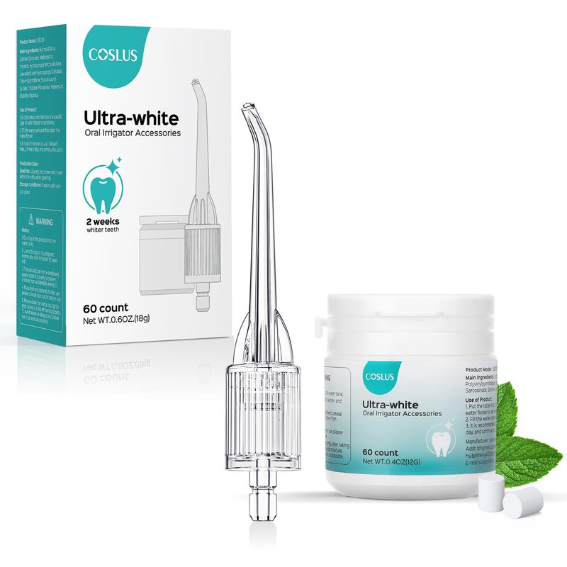 COSLUS Whitening Water Flosser Replacement Tips with 60 Pcs Mint Refills: Compatible with C20 (F5020E) & E40 (WFP14) Portable Water Flossers – Improve Stains Gently& Fresh Breath for Daily Oral Care