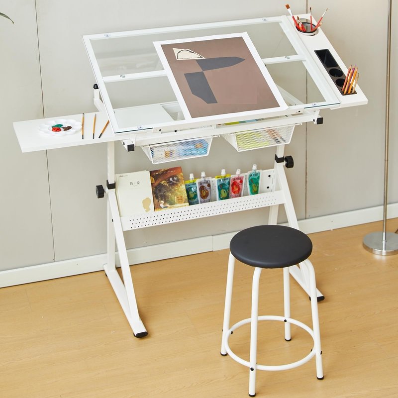 MegaChoice Drafting Table w/Stool, Height Adjustable Multifunctional Art Craft Artists Desk, Tilting Glass Tabletop Diamond Paintings Work Station w/2 Storage Drawers & for Tray Home Office