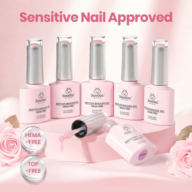 Beetles Builder Gel Nail Kit HEMA-FREE&TPO FREE-Muted Bloom 6 Colors Jelly Pink Glitter Building Gel,8 in 1 Strengthening Building Instant Apex & Extension for Beginner DIY Salon,UV LED Lamp Need