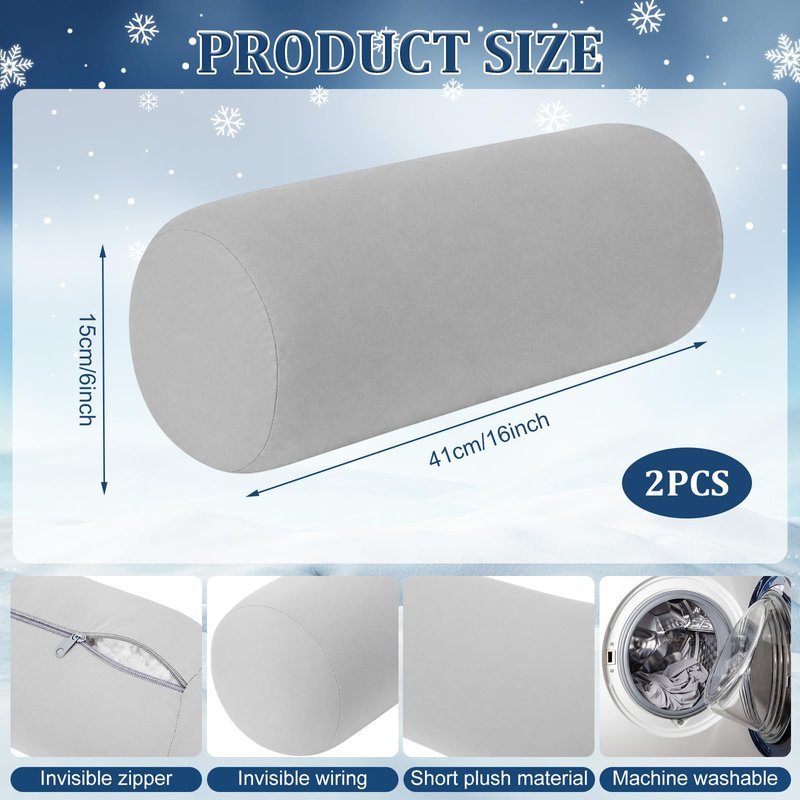 Newwiee 2 Pcs Cooling Cervical Neck Roll Pillow Cover with Zipper (Pillow Case Only) 16 x 6 Inch Round Neck Roll Pillowcover Breathable Cylinder Soft Bolster Pillowcase for Cylindrical Cushion, Gray