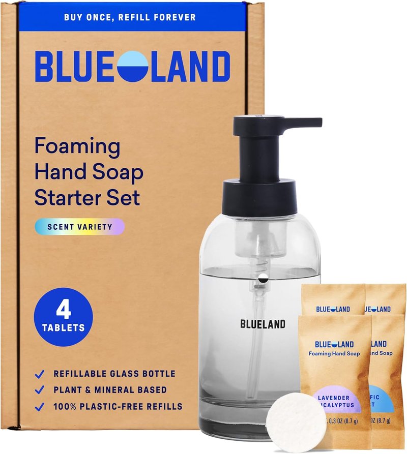 BLUELAND Hand Soap Starter Set - Refillable Glass Foaming Dispenser in Slate with 4 Scented Refill Tablets | 4 x 9 Fl Oz