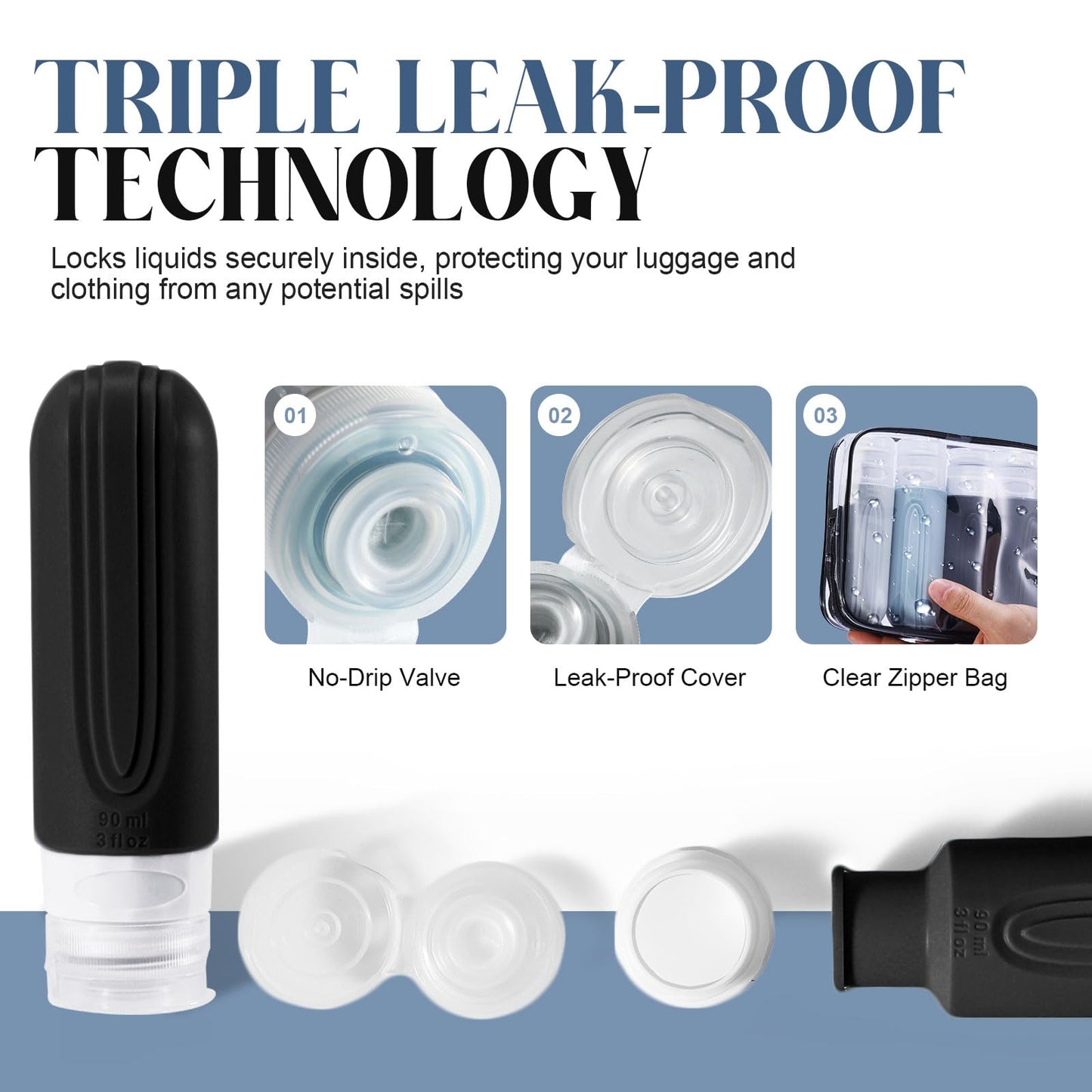 YIIMER Travel Bottles for Toiletries, 3oz TSA Approved Travel Size Toiletries, Silicone Leak-Proof Refillable Containers, Squeezable Liquid Essentials Bottles W/Clear Bag (GRAY)